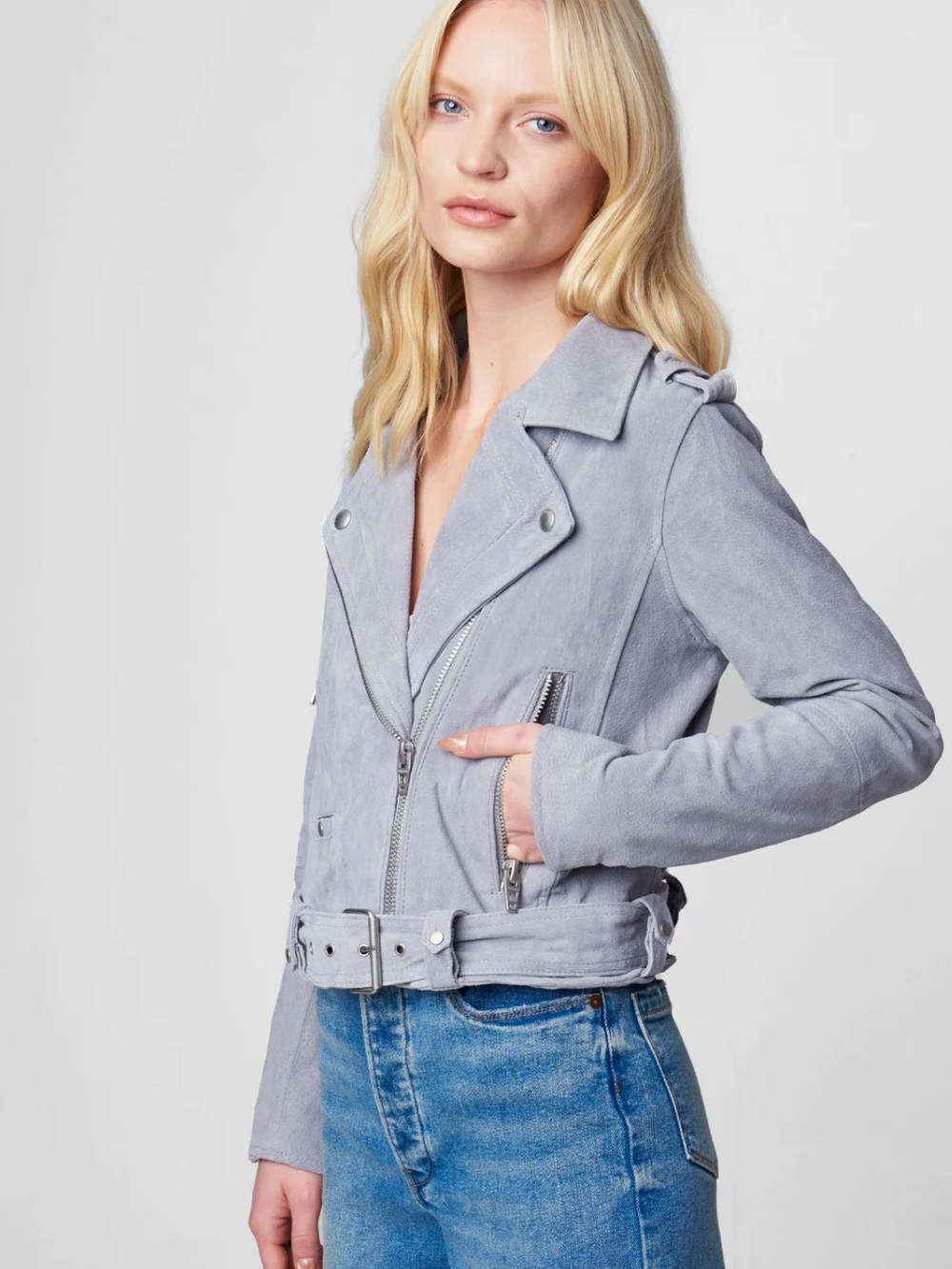 BLANKNYC Grey Genuine Suede Moto Jacket Belted Sz M EUC